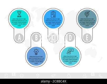 Infographics circles with 5 steps, labels. Flat line vector template. Can be used for five diagrams, business, web, banner, presentations, flowchart Stock Vector