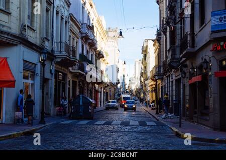 Buenos Aires, Argentina - September 5, 2018: Old residential and commercial buildings with a view of an almost empty street in San Telmo. Stock Photo
