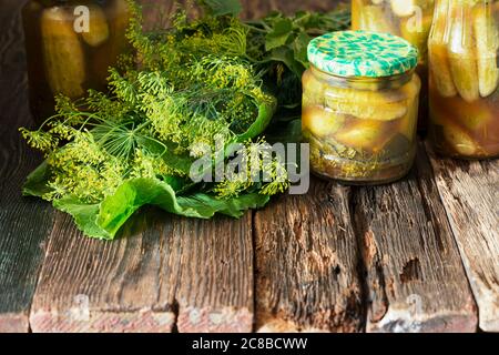 Concept home canning vegetables pickles in jars. Fermentation of products Stock Photo