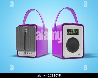 Purple portable radio column for listening to leather bound music 3D render on blue background with shadow Stock Photo