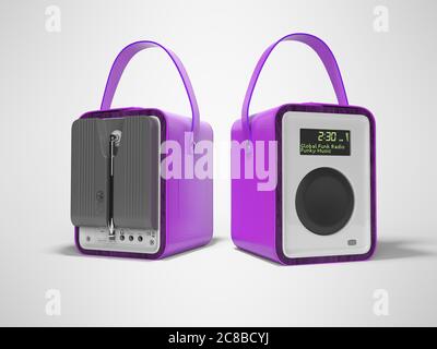 Purple portable radio column for listening to leather bound music 3D render on gray background with shadow Stock Photo