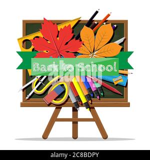 Green chalkboard. Ruler pen pencil scissors books sharpener eraser marker divider ruler autumn leaf. Lesson in school classroom. College or university education. Vector illustration flat style Stock Vector