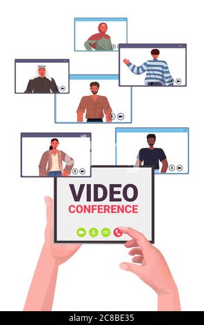 human hands using tablet pc chatting with mix race colleagues during video call online conference meeting communication concept vertical vector illustration Stock Vector