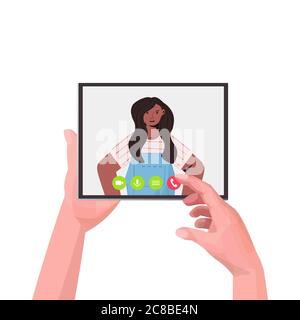 human hands using tablet pc chatting with african american girl during video call online conference meeting communication concept portrait vector illustration Stock Vector