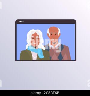 senior couple having virtual conference during video call quarantine isolation communication family chat concept mature man woman in web browser window portrait vector illustration Stock Vector