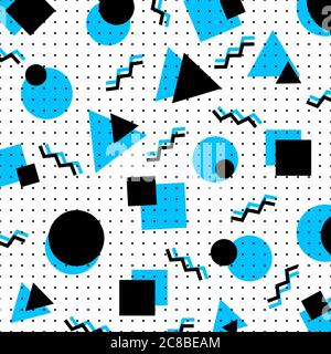 Abstract blue and black geometric circle, square, triangle pattern on white background memphis style. Vector illustration Stock Vector