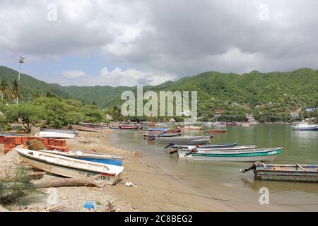 TAGANGA, COLOMBIA - JUNE 22, 2011: Taganga is a small fishing town located 7km away from Santa Marta on the Caribbean coast of Colombia Stock Photo