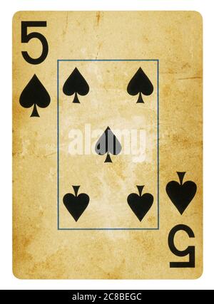 Five of Spades Vintage playing card - isolated on white (clipping path included) Stock Photo