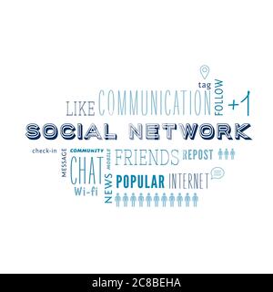 Text cloud of social media and networking related words for design projects. Typography concept. Vector illustration. Stock Vector