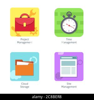 Flat office management icons set, business project management, cloude storage, site management, time management. Business concept. Stock Vector
