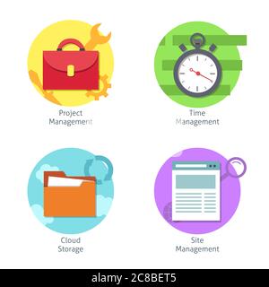 Flat office management icons set on circle background. Business project management, cloude storage, site management, time management. Business concept Stock Vector