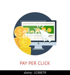 Flat concept icon of pay per click ppc internet advertising model when the ad is clicked. Isolated on white background. Vector illustration for your d Stock Vector