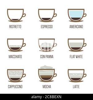 Infographic of coffee types and their preparation on white background. Vector EPS10 illustration Stock Vector