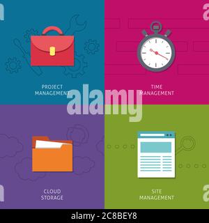 Flat office management icons set, business project management, cloude storage, site management, time management. Business concept icons. Stock Vector
