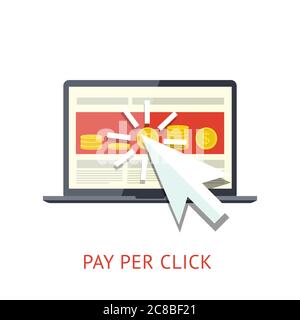 Notebook. Flat concept of pay per click ppc internet advertising model when the ad is clicked. Isolated on white background.  Vector illustration for Stock Vector