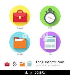 Flat office management icons set on circle background. Business project management, cloude storage, site management, time management. Business concept Stock Vector