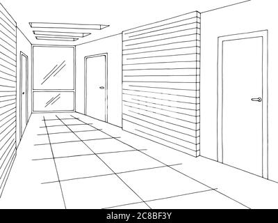 Corridor graphic black white interior sketch illustration vector Stock Vector