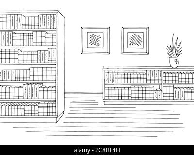 Library interior graphic black white sketch illustration vector Stock Vector