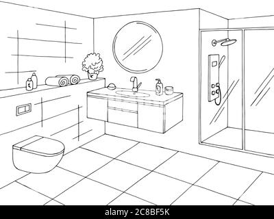 Bathroom graphic home interior black white sketch illustration vector Stock Vector