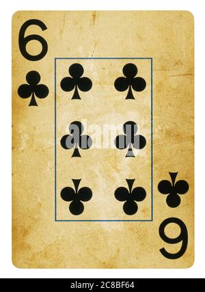 Six of Clubs Vintage playing card - isolated on white (clipping path included) Stock Photo