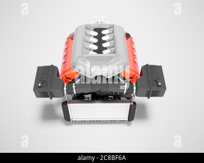 Car engine for eight cylinders red with air filters collector and gearbox 3D render on gray background with shadow Stock Photo