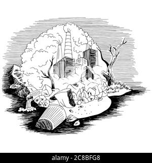 Skull ecology problem trash factory steam pollution graphic black white landscape sketch illustration vector Stock Vector
