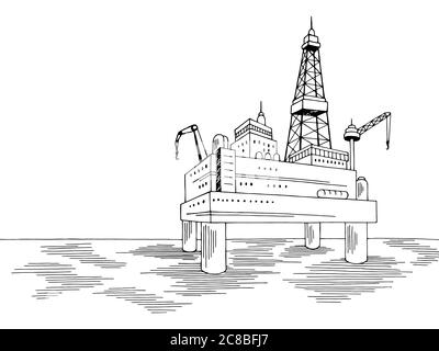 Drilling platform ocean sea landscape graphic black white sketch illustration vector Stock Vector