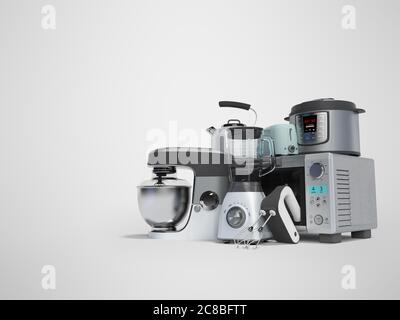 Concept set of household appliances for the kitchen pressure cooker blender mixer electric kettle 3d render on gray background with shadow Stock Photo