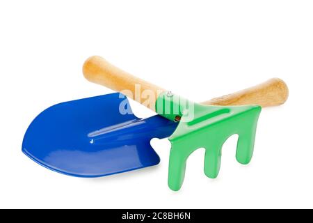 rake and garden trowel isolated on white Stock Photo