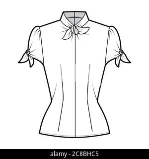 Knotted cutout blouse technical fashion illustration with high neckline, puffed volume sleeves, back zip fastening. Flat apparel template front, white color. Women men unisex garment CAD mockup Stock Vector