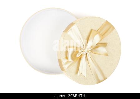 empty gift box with golden ribbon isolated on white Stock Photo