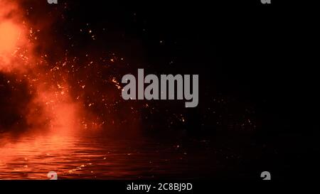 Fire particles effect dust debris isolated on black background, motion spray burst with reflection in water. Stock Photo