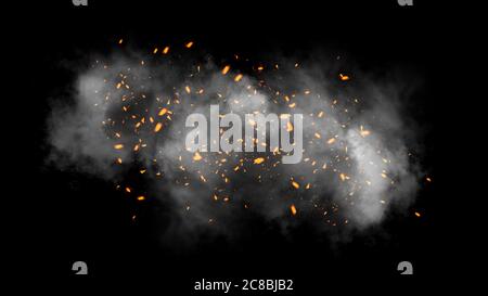 Fire particles effect dust debris isolated on black background, motion powder spray burst. Design element Stock Photo