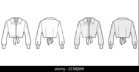 Cropped tie-front shirt technical fashion illustration with oversized collar and long sleeves. Flat apparel blouse template front back, white and grey color. Women, men and unisex top CAD mockup Stock Vector