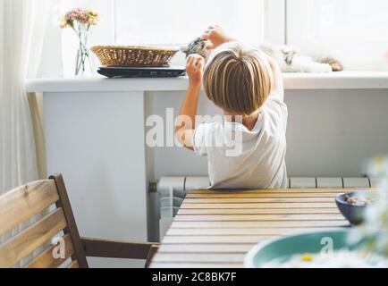 Cute blonde boy in white t-shirt with cat at bright room at home Stock Photo