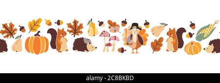 Thanksgiving animals kids vector border. Seamless pattern autumn leaves turkey corn pumpkin hedgehog, squirrel. Harvest festival. Fall party Stock Vector