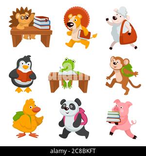Baby animals carrying books and studying at school Stock Vector