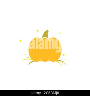 Pumpkin icon with green stem, grass and fireflies. Orange gourd label. Halloween sticker isolated on white. Vector illustration. Autumn harvest clip a Stock Vector