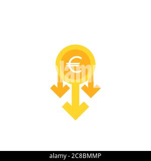 golden euro coin and down arrows. Flat vector icon isolated on white. Economy, finance, money symbol. Currency pictogram. Vector illustration. decreas Stock Vector