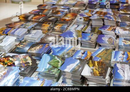 Lhasa, Tibet / China - Jul 29, 2017: Post cards for sale in the central post office in Lhasa, Tibet. Motives are mountains, prayer flags and of course Stock Photo