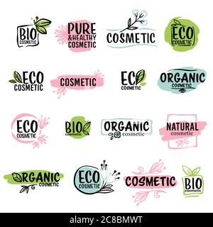 Eco cosmetics and organic production, ecological product labels Stock Vector