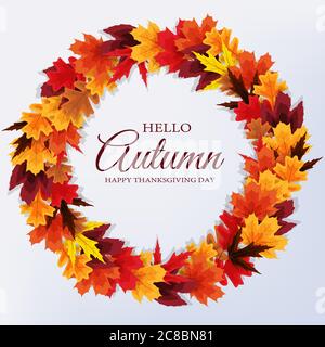 Hello Autumn. Happy Thanksgiving Day background with falling leaves. Vector Illustration Stock Vector