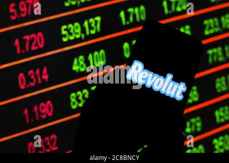 In this photo illustration a logo Revolut seen displayed on a smartphone. Stock Photo