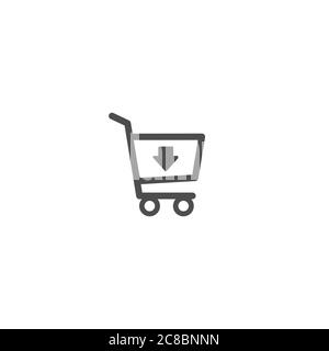black shopping cart with down arrow sign. Simple icon isolated on white background. Store trolley. Flat vector Illustration. Good for web and mobile d Stock Vector