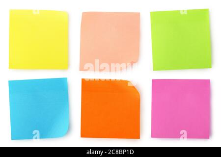 collection of six colorful blank notes on white Stock Photo