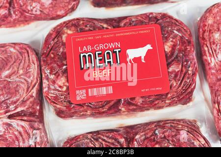 Lab grown cultured meat concept for artificial in vitro cell culture meat production with frozen packed raw meat with made up label Stock Photo