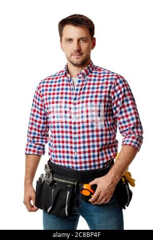 caucasian repairman worker wearing tool belt isolated on white studio background Stock Photo