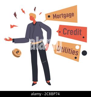 Unemployment and bankruptcy worries of character that needs money Stock Vector