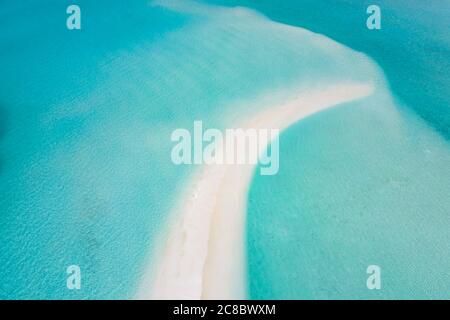 Beautiful aerial photo of exotic sandbank, idyllic tropical beach landscape, blue sea ripples and white sand view. Romantic and relaxing summer mood Stock Photo