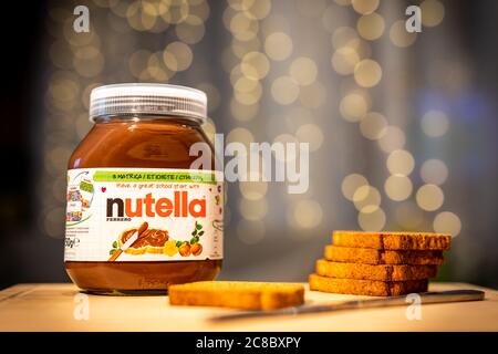 09.10.19 Budapest: Nutella hazelnut spread jar. Nutella is a brand of sweetened hazelnut cocoa spread manufactured by the Italian company Ferrero. Stock Photo
